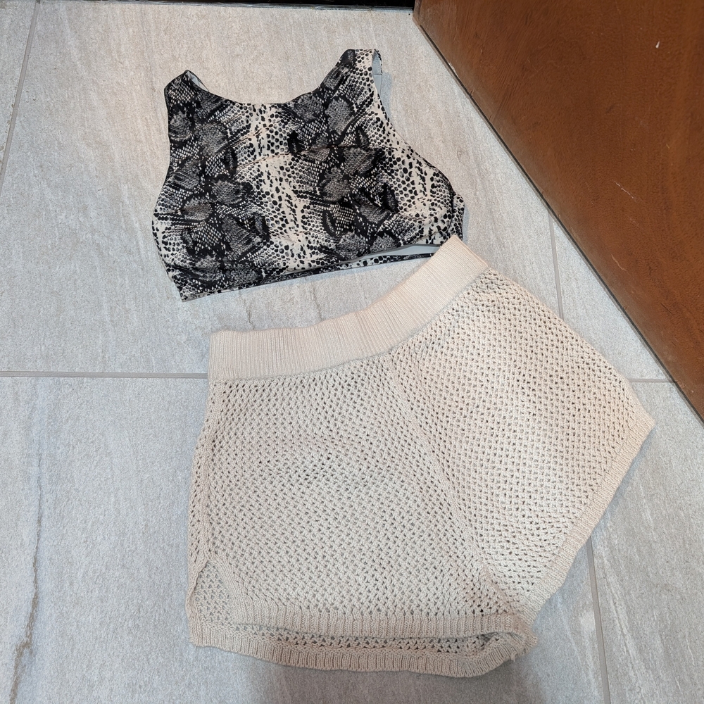 Aerie Monochrome Snake Print Top with Cream Knit Detail